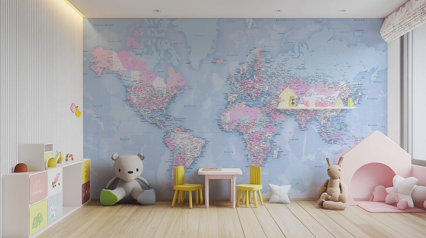 Blue World Map Wallpaper Mural - Giffywalls
