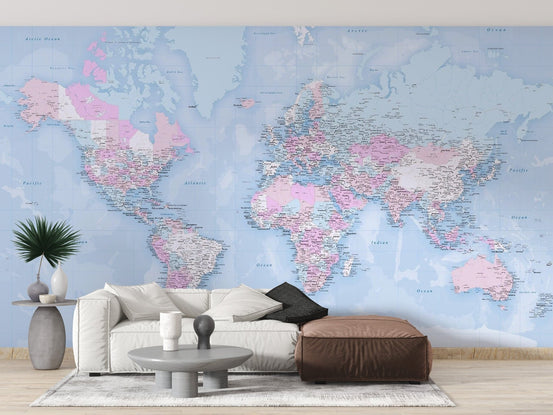 Elegant blue world map wallpaper mural for modern interiors. map-04