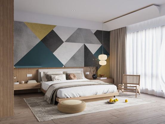 Blue and Yellow Abstract Geometric Multicolor Triangle Wallpaper Mural A352