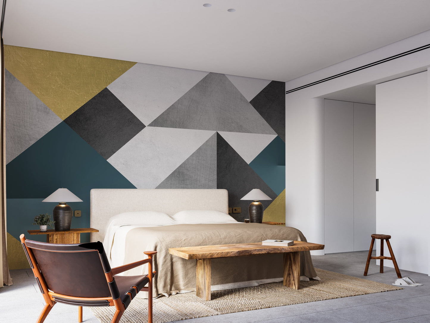 Blue and yellow abstract geometric triangle wallpaper mural