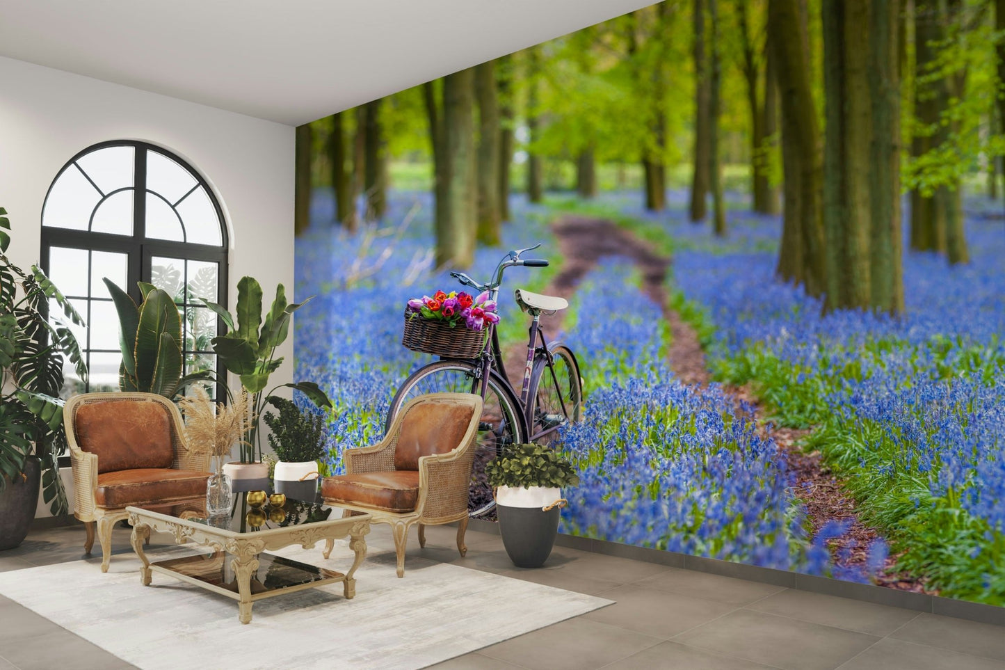 Beautiful bluebells and bicycle mural for cozy rooms


