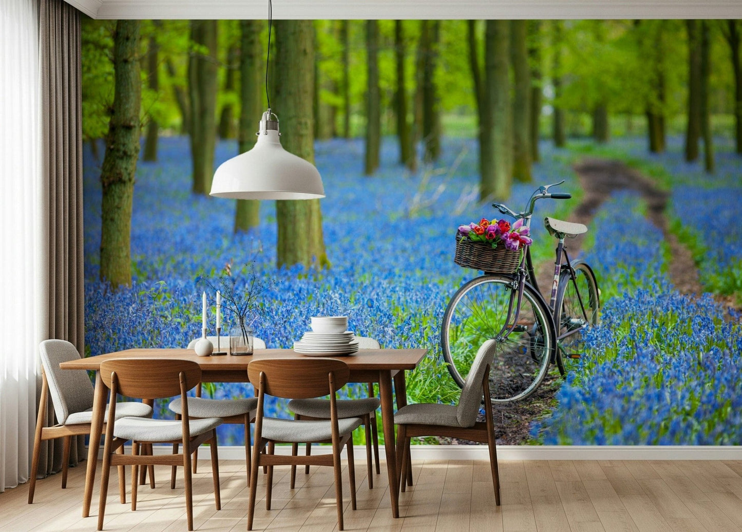 Artistic Bluebell Bike Ride wall graphic, joyful spring atmosphere.