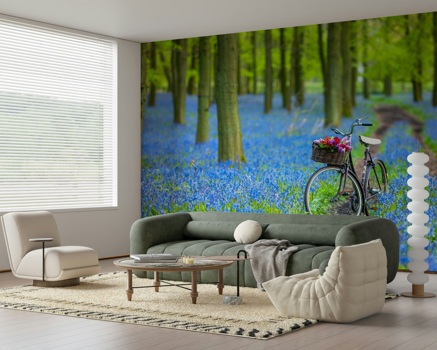 Secluded Bluebell Bike Ride mural, pathway through blue flowers.