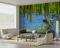 Secluded Bluebell Bike Ride mural, pathway through blue flowers.