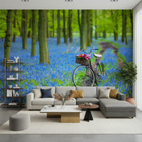 Idyllic Bluebell Bike Ride wallpaper for walls, lush green foliage.