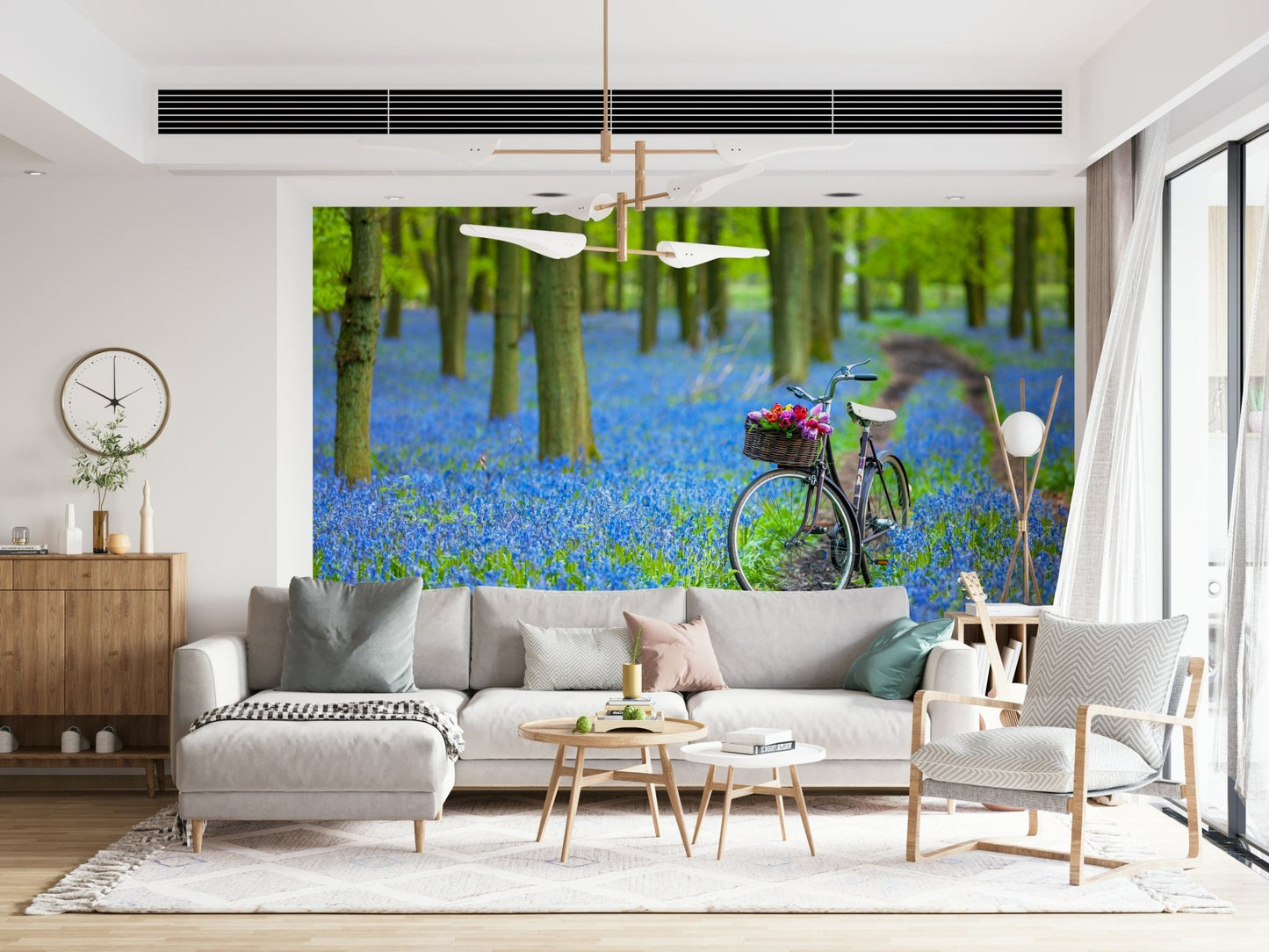 Seamless Bluebell Bike Ride panorama mural, idyllic nature escape.