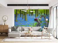 Seamless Bluebell Bike Ride panorama mural, idyllic nature escape.