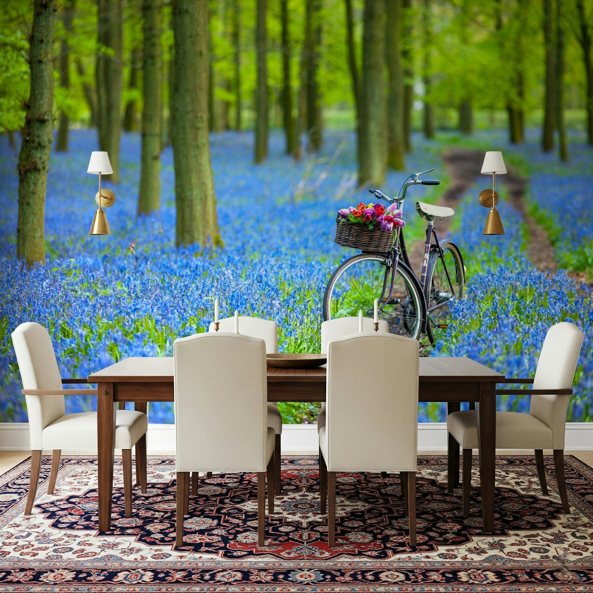 Picturesque Bluebell Bike Ride mural wallpaper, gorgeous flower meadow.