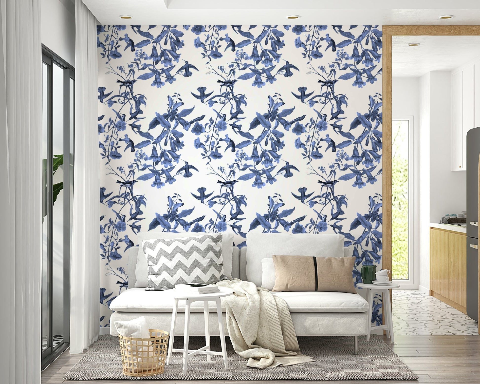 A graceful subtle bird wall mural in cool, natural tones.

