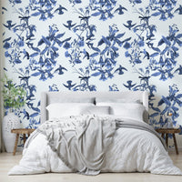 A peaceful natural scene mural on decorative wallpaper.

