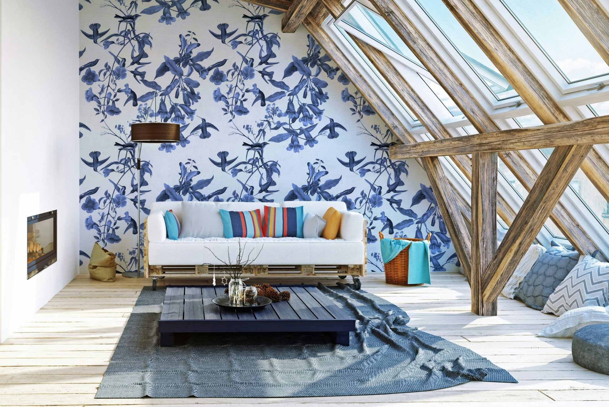 A beautiful serene bluebell wallpaper mural with subtle birds.

