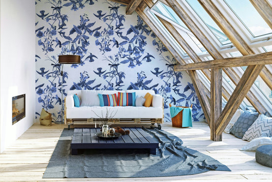 A beautiful serene bluebell wallpaper mural with subtle birds., GD5116