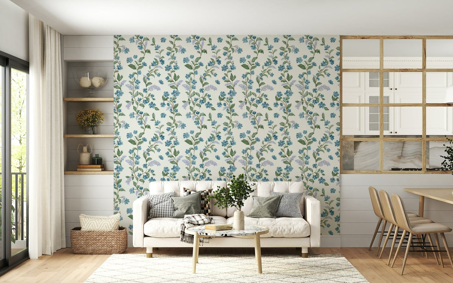 Bluebell Bloom wallpaper for walls, delicate blue floral vine pattern.