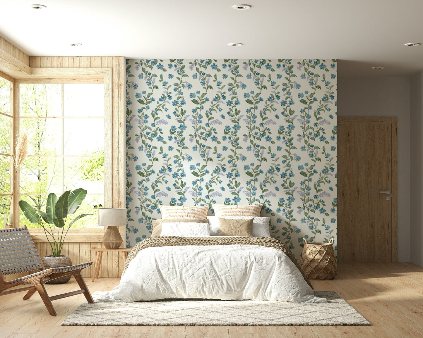 Aesthetic Bluebell Bloom wall covering, serene light background, garden style.
