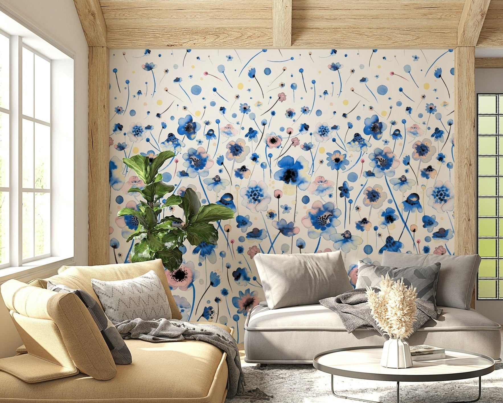 Soft floral wallpaper featuring bluebell patterns for a nursery wall mural., GD7695