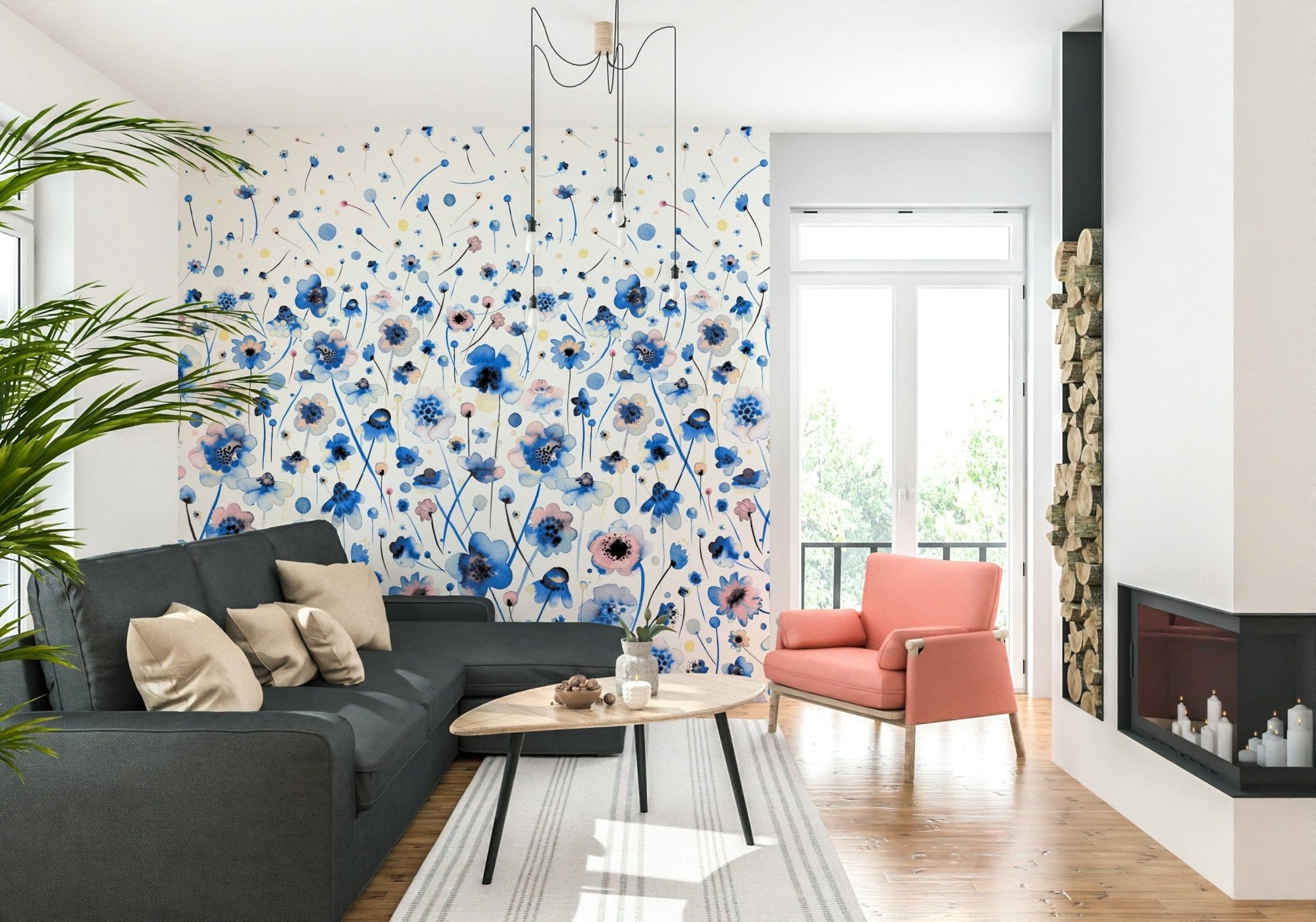 Nature inspired wallpaper with blue and pink petals for a suite wall mural.