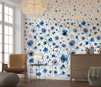 Delicate bluebell illustrations on a textured wall mural for a hallway wallpaper.