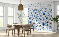 Bluebell Blush Wall Mural in a bright dining space with floral decor wallpaper.