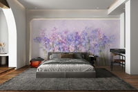 The wallpaper is used as a feature wall in a bedroom.

