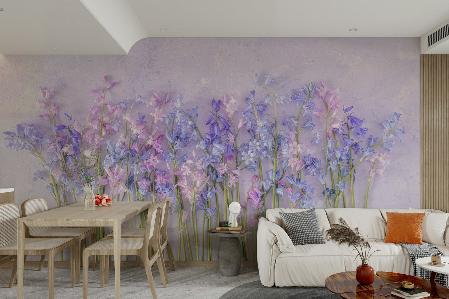 A minimalist interior with the bluebell-themed wallpaper.

