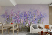 A minimalist interior with the bluebell-themed wallpaper.

