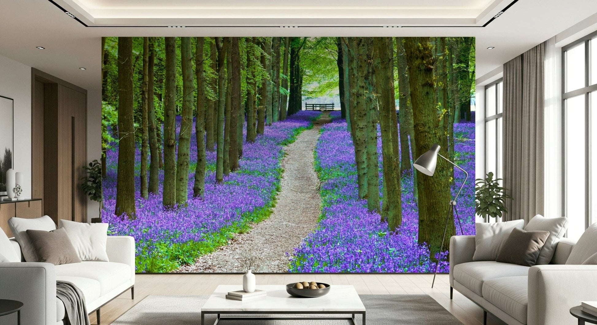 Enchanting Bluebell Trail forest wall mural, peaceful nature design.