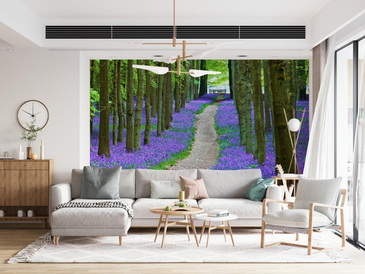 Serene forest path wall mural, winding Bluebell Trail view art.