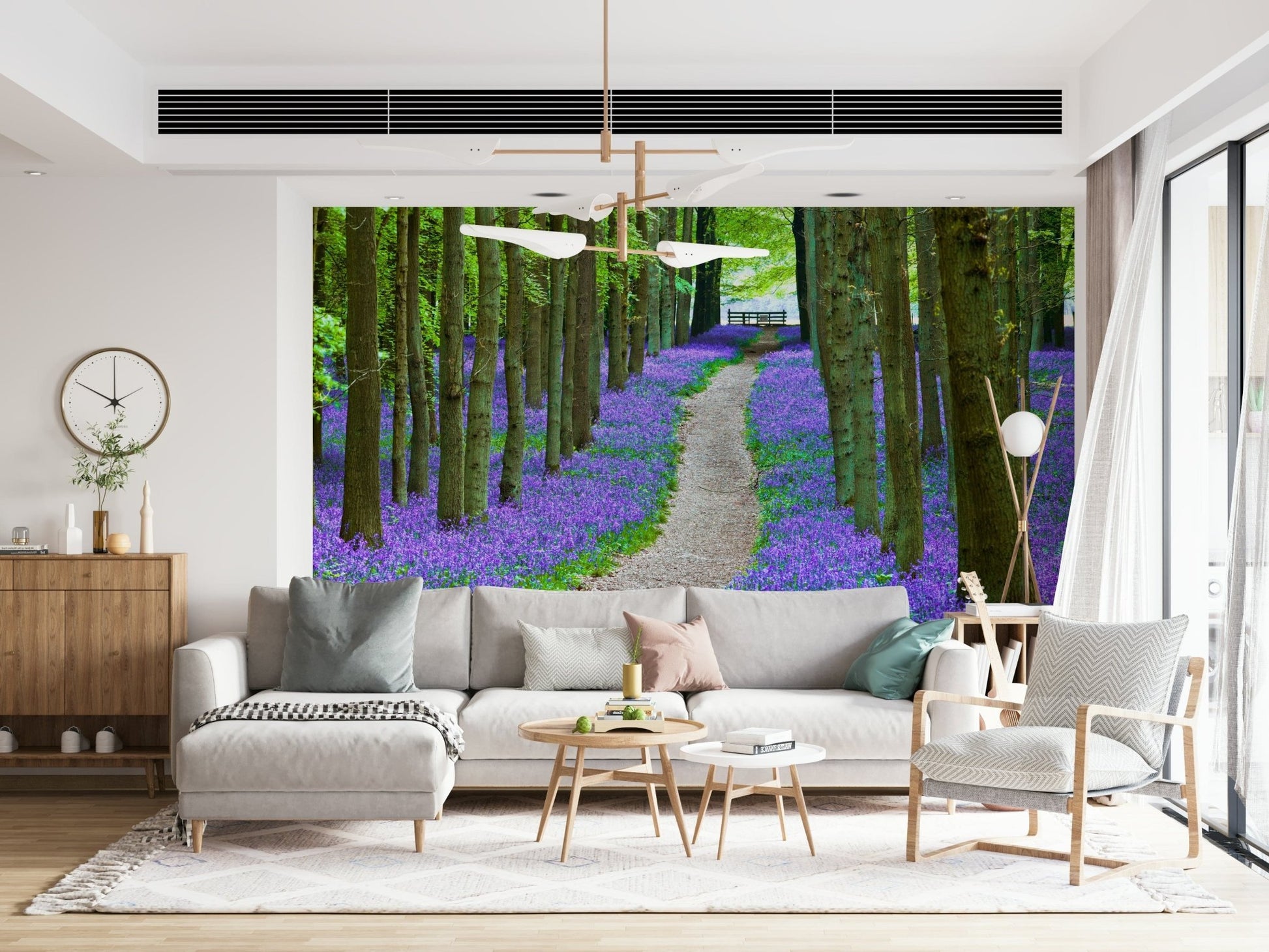 Serene forest path wall mural, winding Bluebell Trail view art.