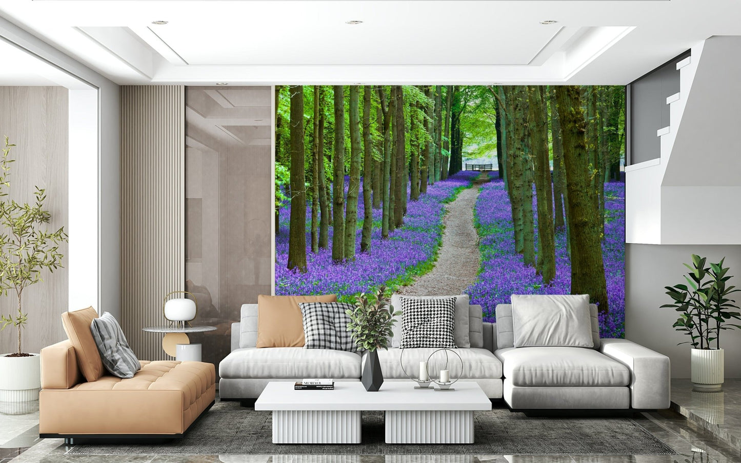 Idyllic Bluebell Trail wall graphic Woodland floor covered in flowers.