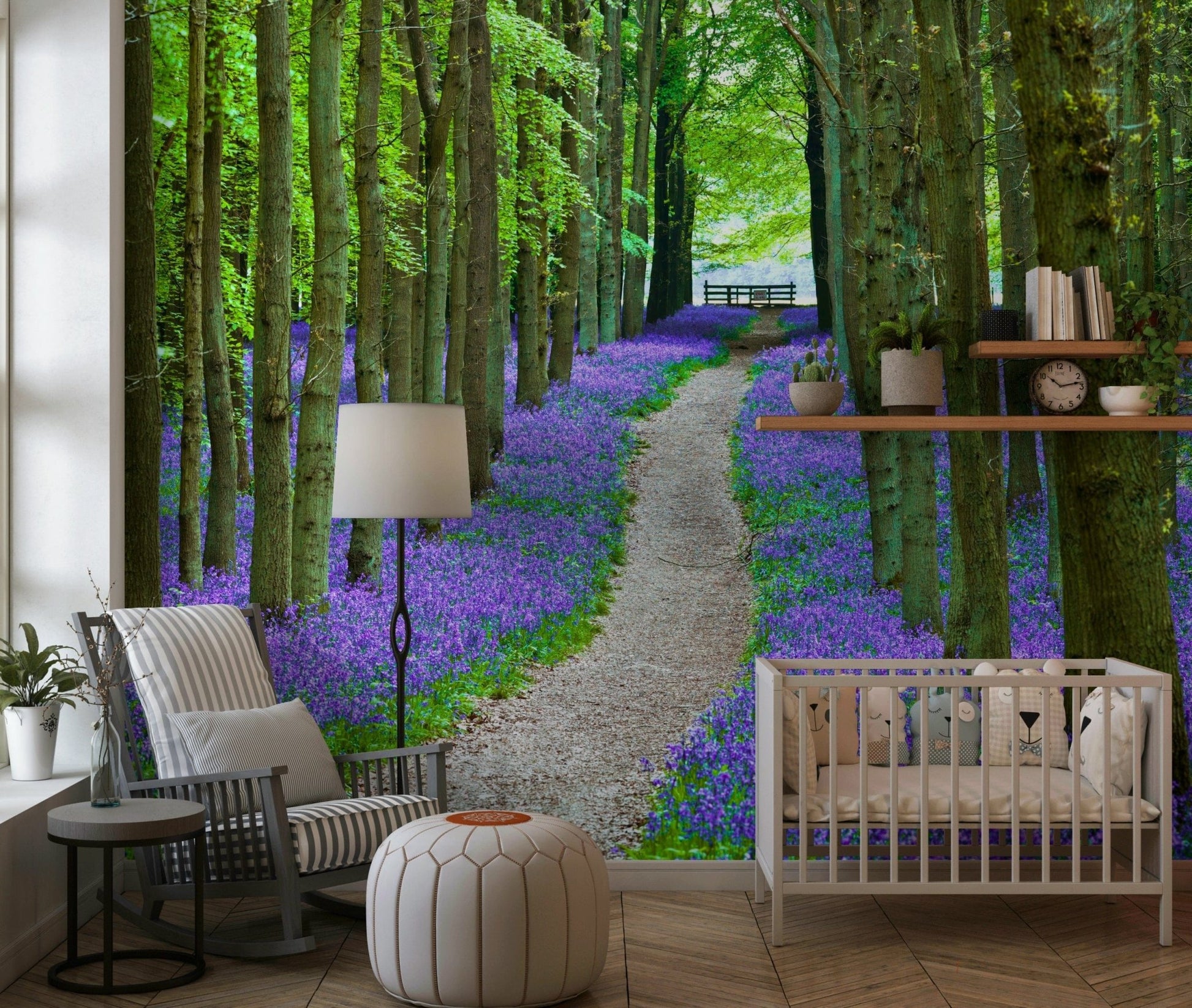 Amazing purple and green forest mural, high-quality floral imagery.