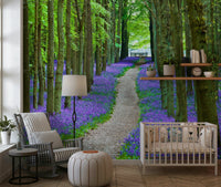 Amazing purple and green forest mural, high-quality floral imagery.