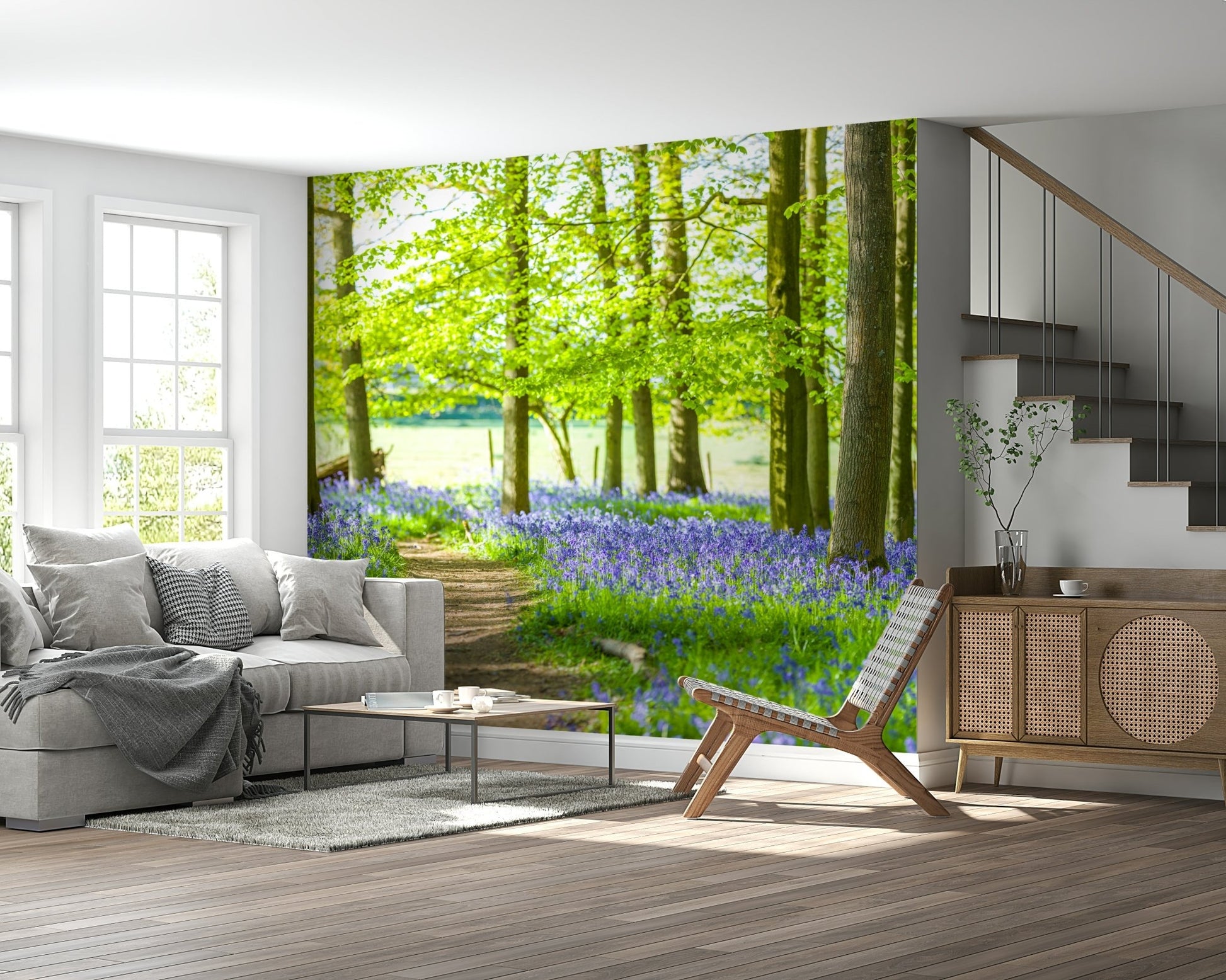 Peaceful reading corner featuring Bluebell Wonderland Wall Mural.