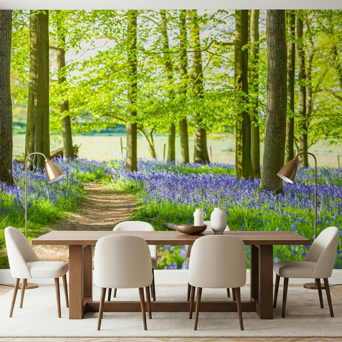 Soft light filtering through the trees in Bluebell Wonderland Wall Mural.
