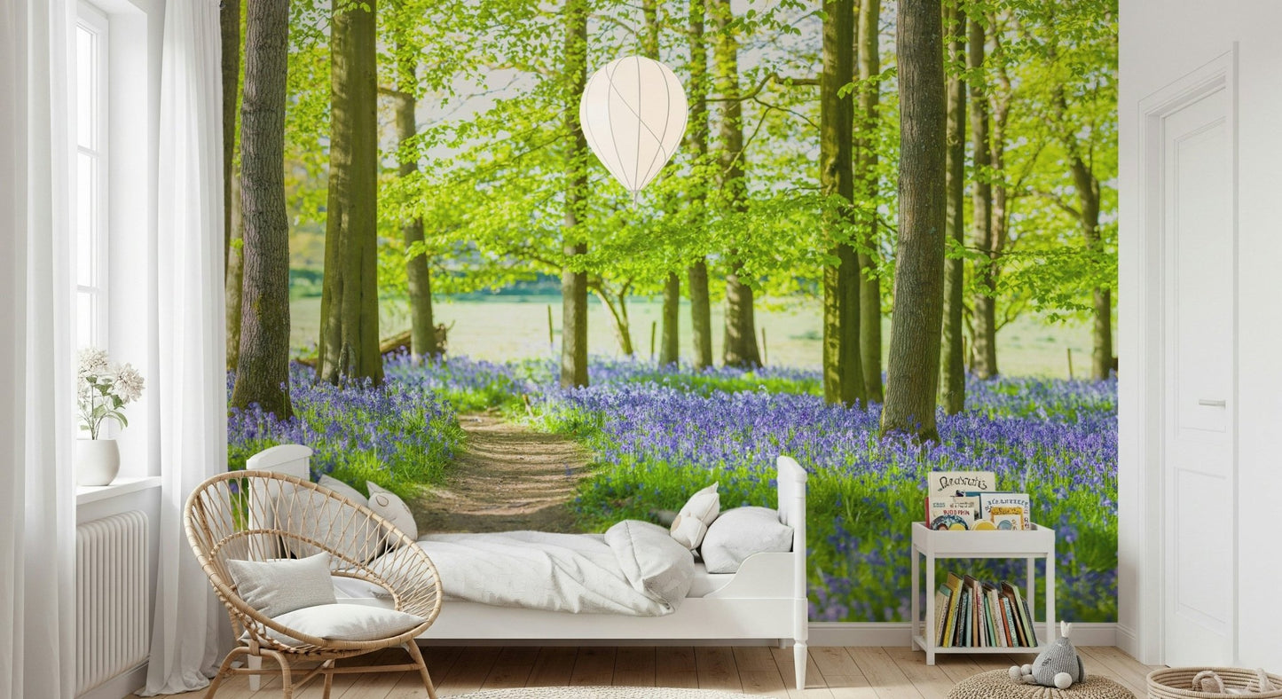Dreamy bedroom design with the Bluebell Wonderland Wall Mural.