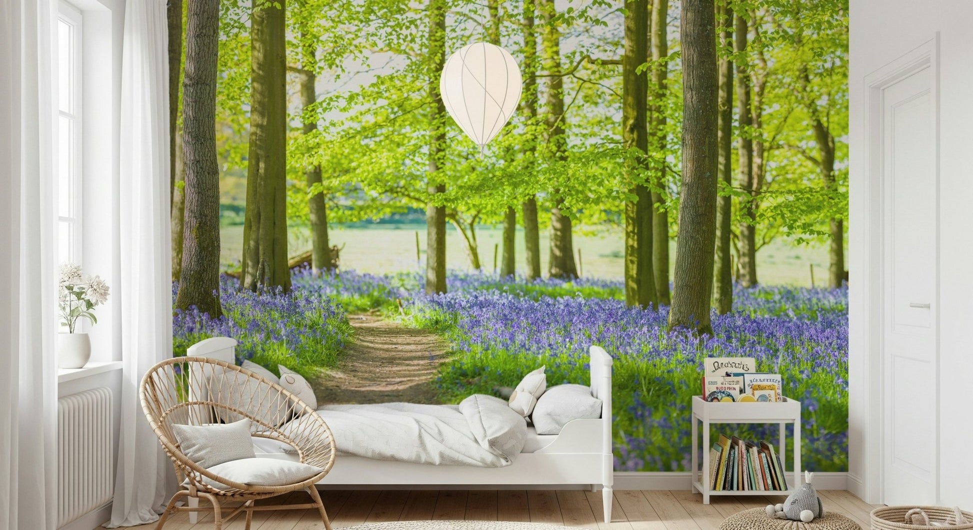 Dreamy bedroom design with the Bluebell Wonderland Wall Mural.