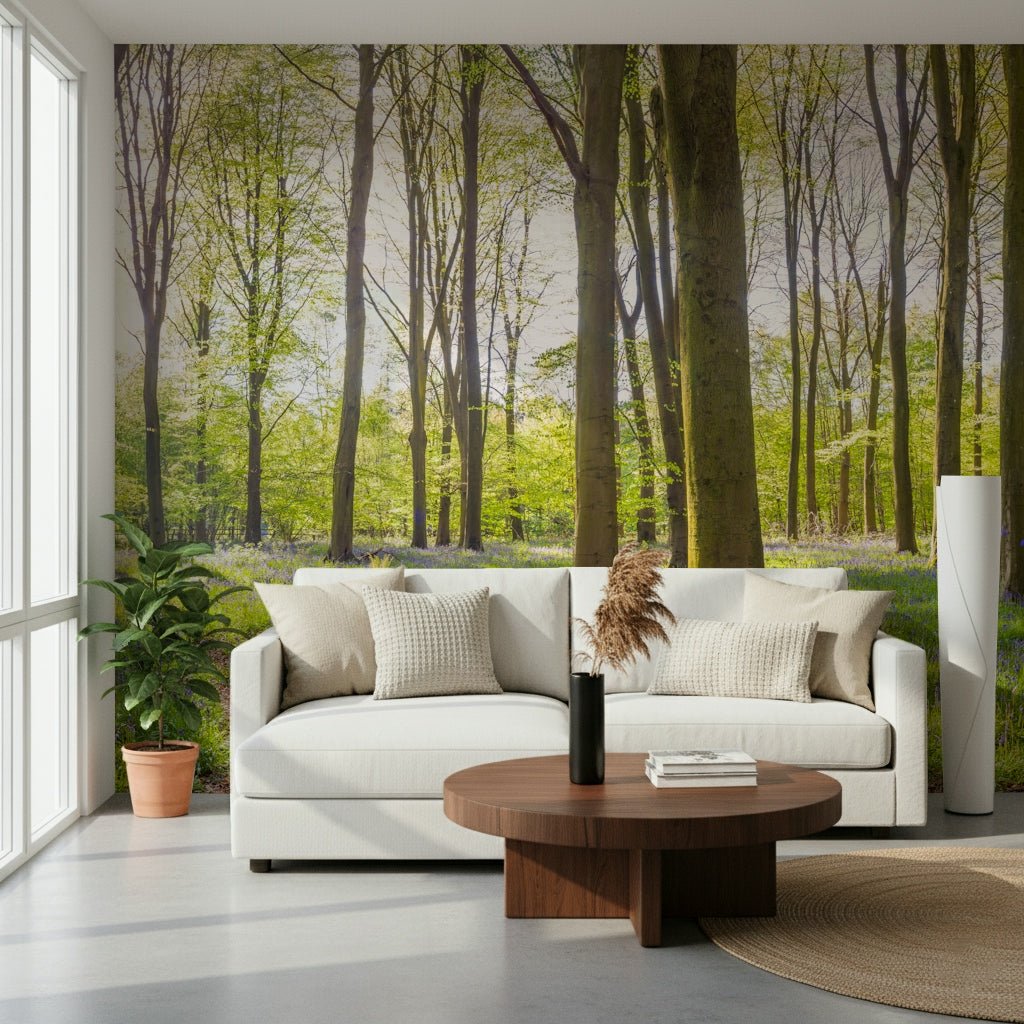 Lush green canopy vista of Bluebell Woods Wall Mural.