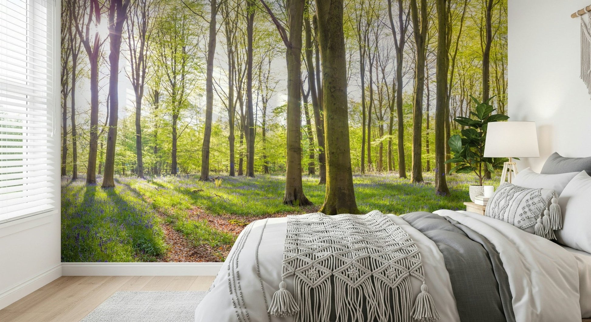 Wide panoramic forest view of the Bluebell Woods Wall Mural.