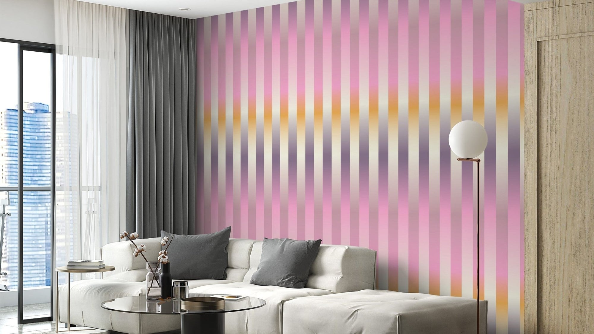 Soft-focus lilac striped wall mural for decor AN34
