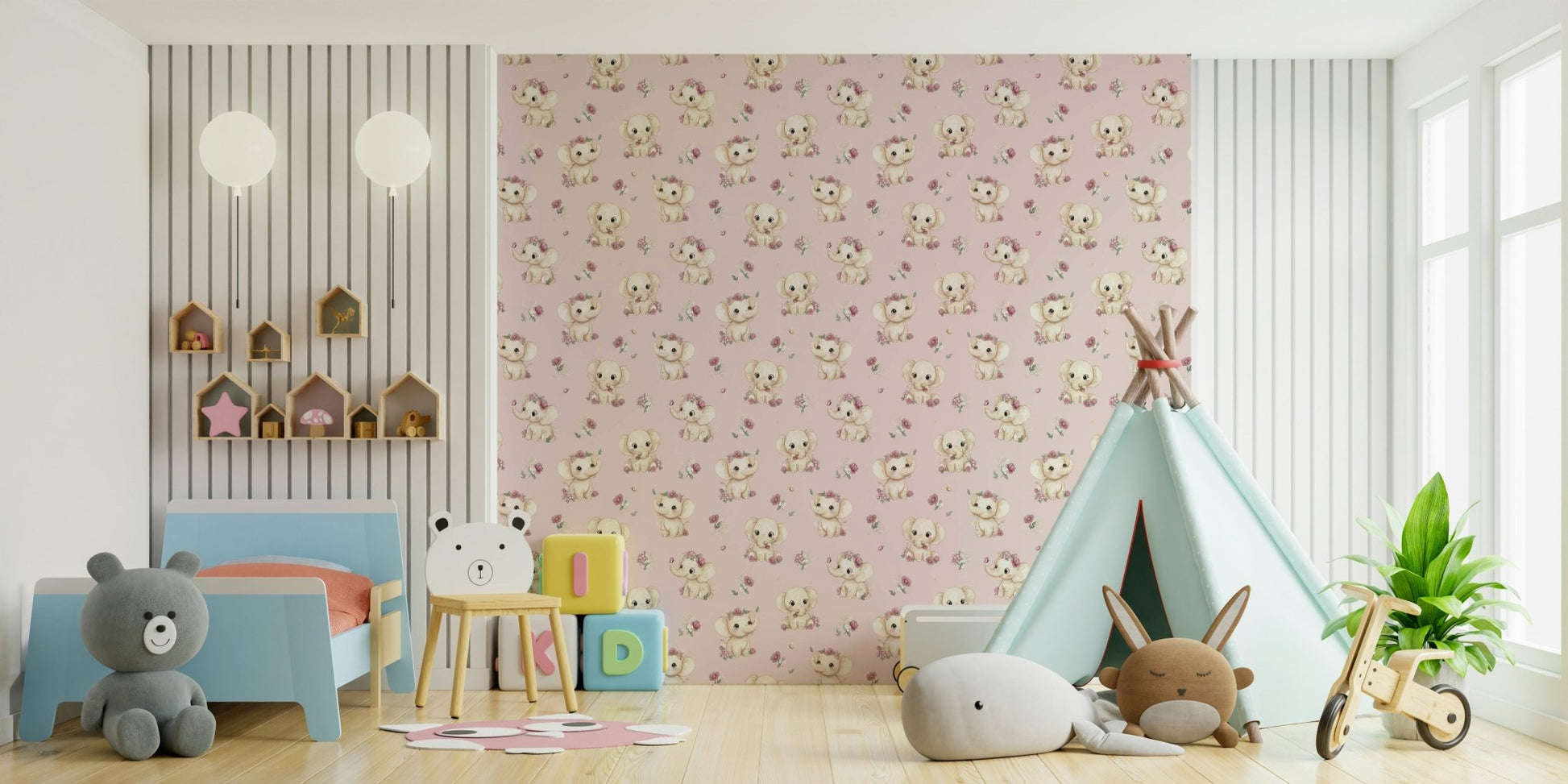 Whimsical elephant pattern in blush pink

