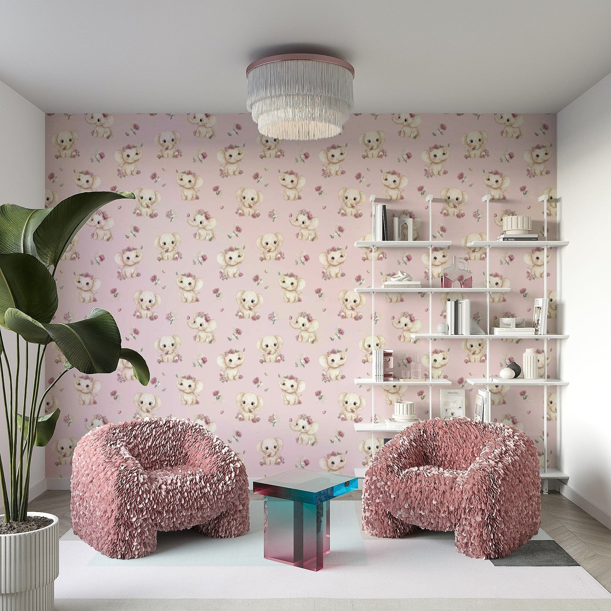 Blush wallpaper with baby elephant art

