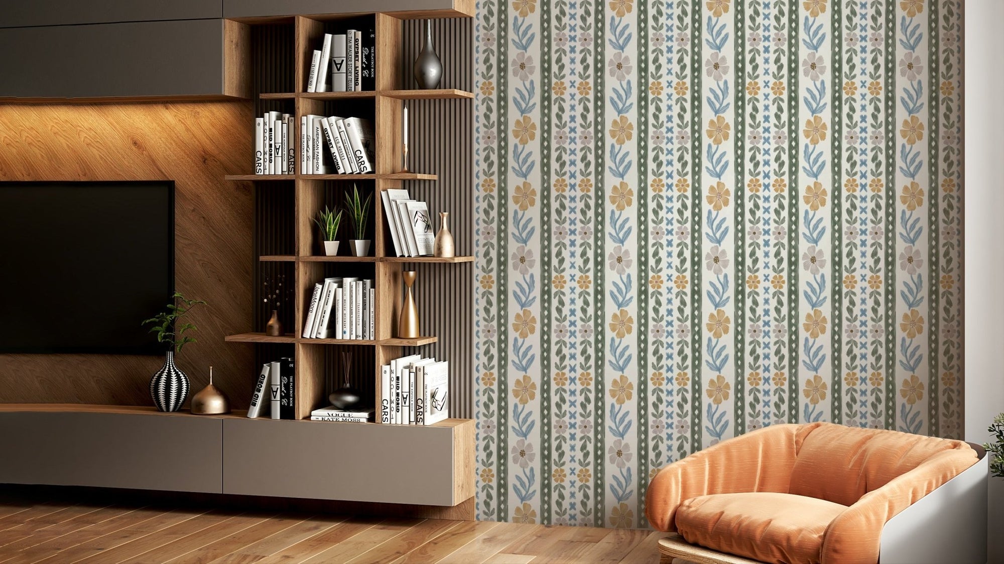 Blush and Blue Botanical Wallpaper with florals, GD933