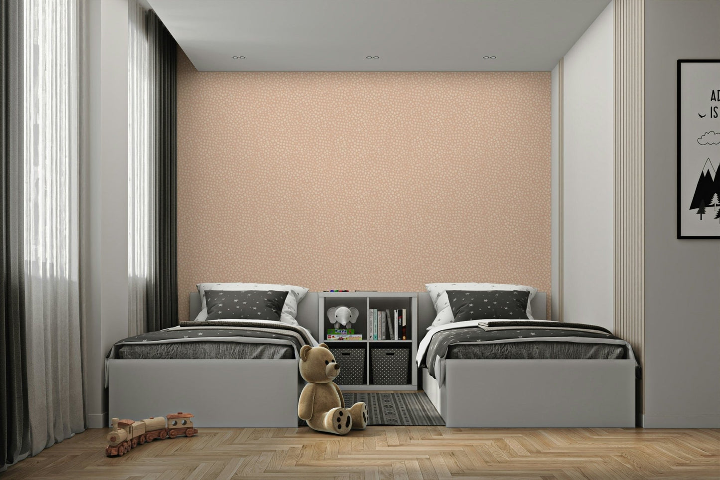 Bedroom with blush animal print wallpaper


