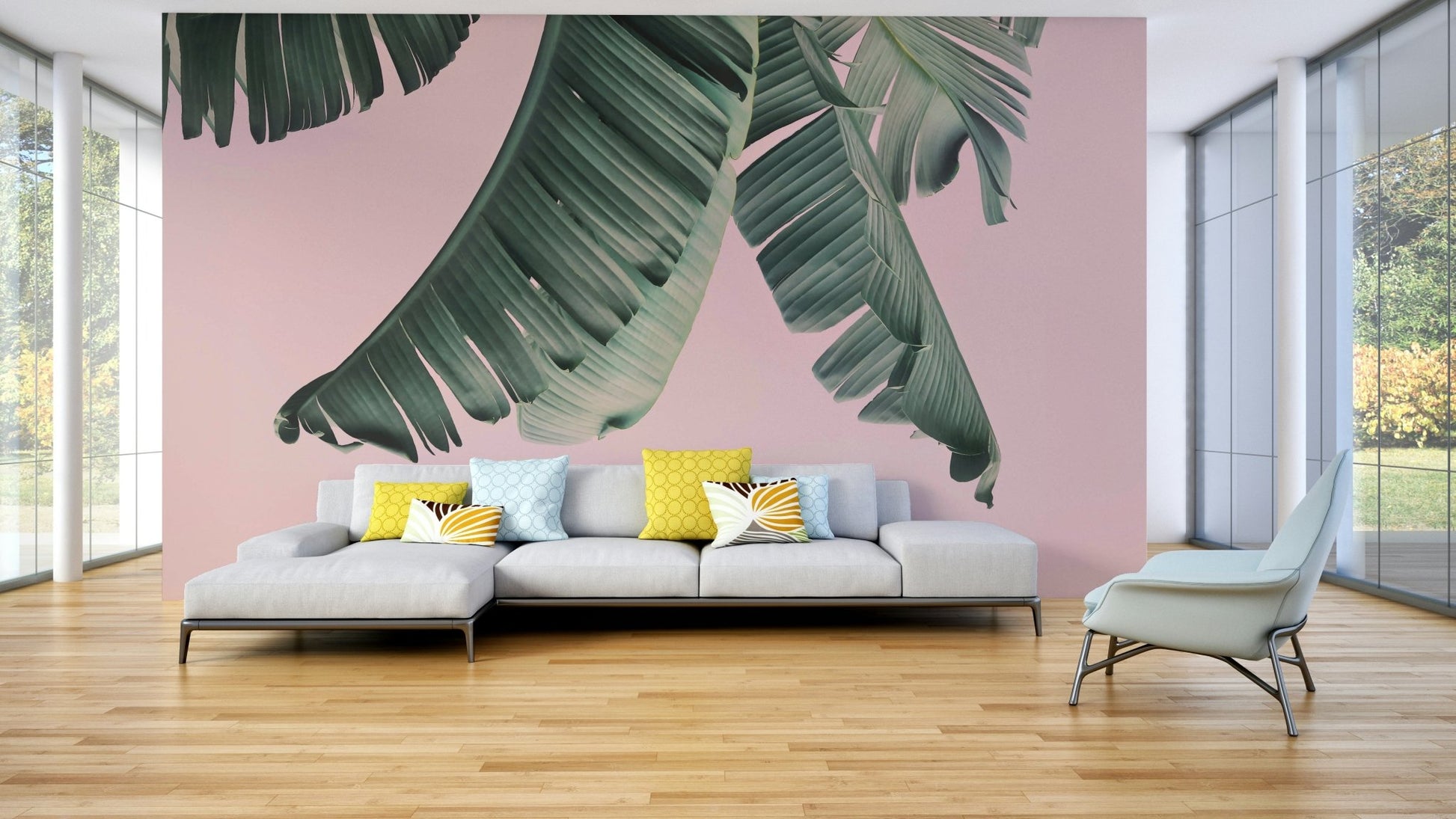Blush & banana mural with tropical summer vibes

