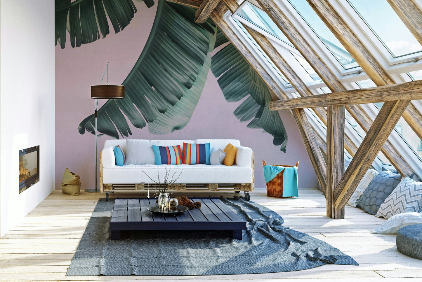 Colorful mural featuring blush tones and banana motifs

