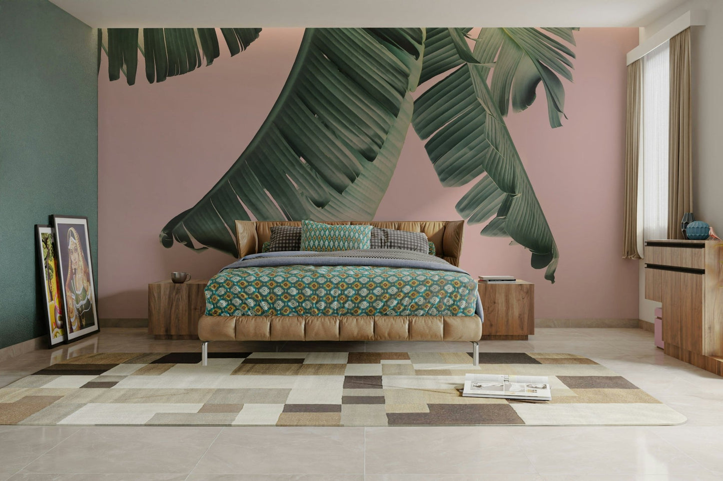 Abstract tropical mural in banana and blush colors


