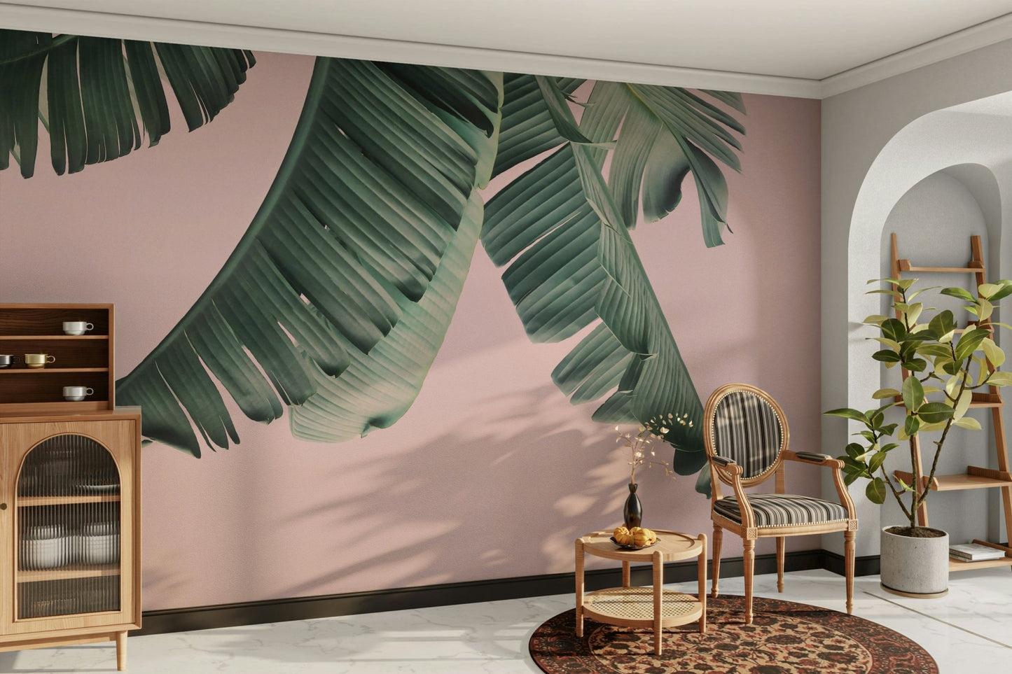 Vibrant wall mural in blush pink and banana yellow

