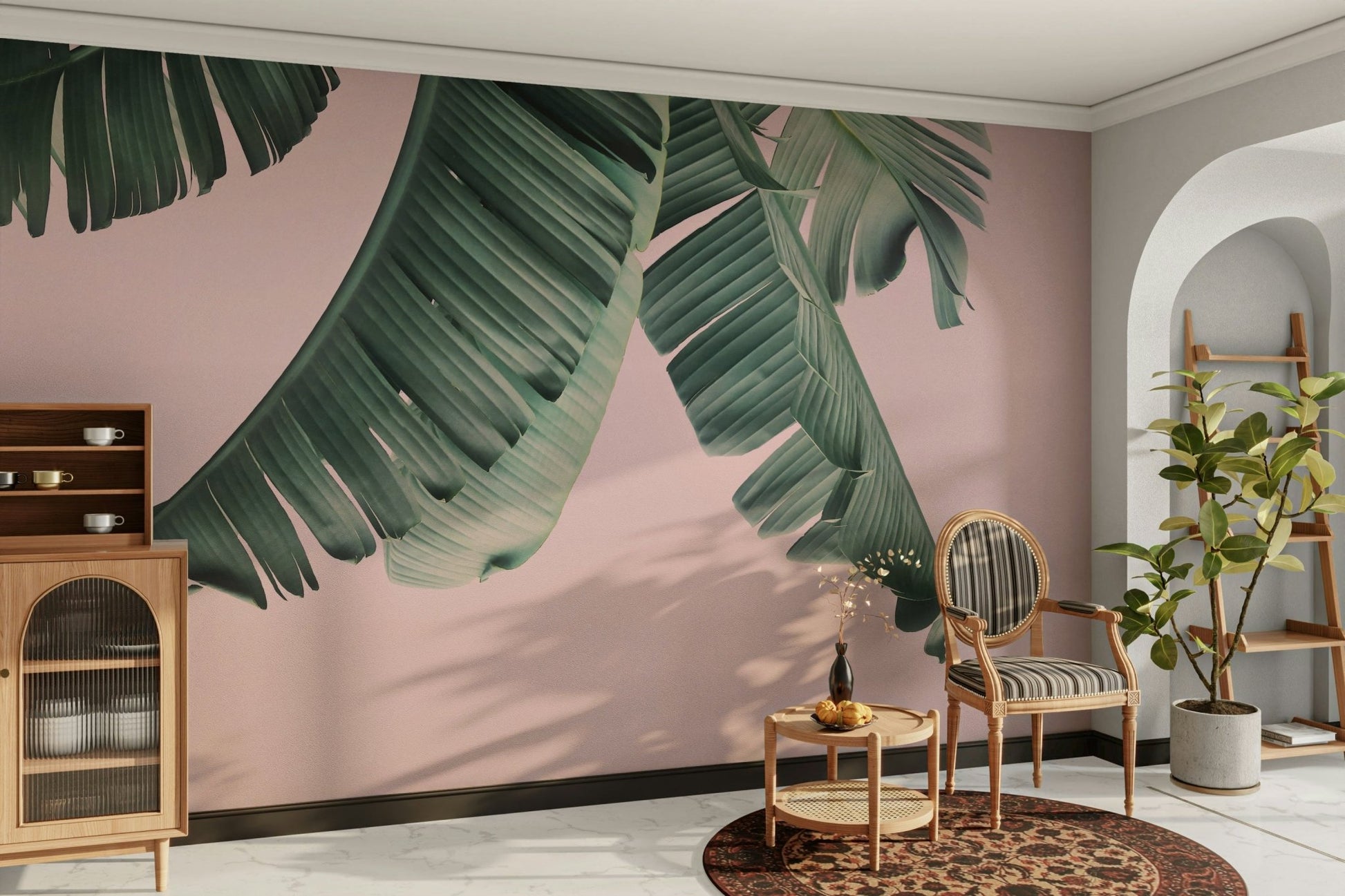 Vibrant wall mural in blush pink and banana yellow

