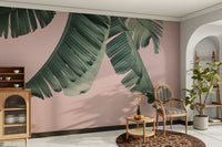 Vibrant wall mural in blush pink and banana yellow

