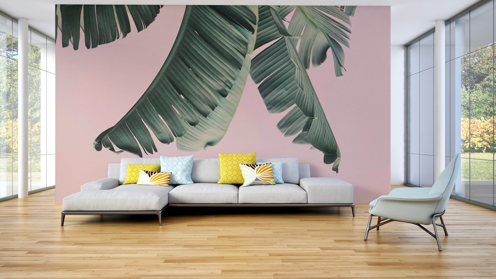 Blush & banana mural with tropical summer vibes

