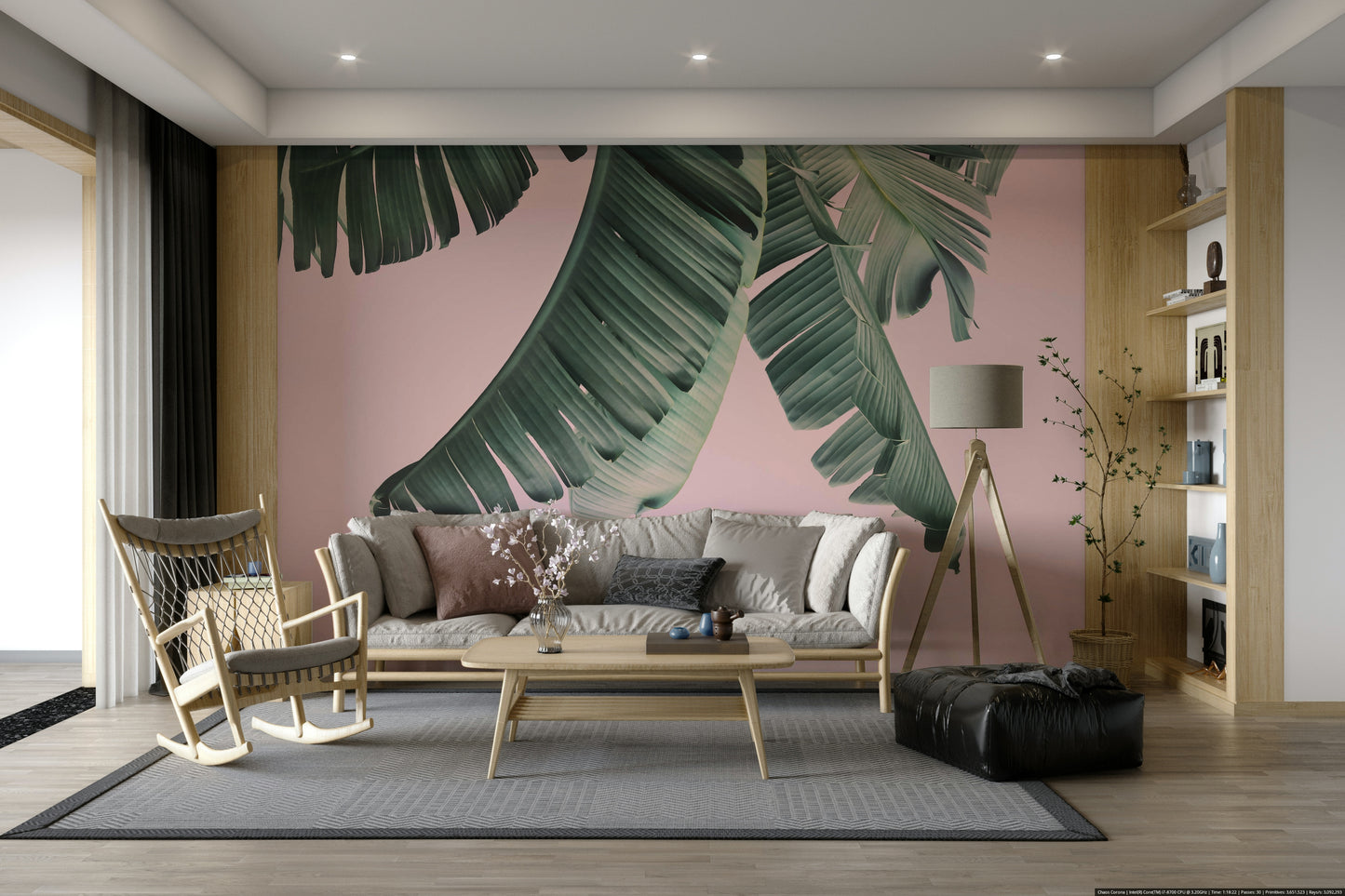 Blush and banana wall mural with tropical leaves


